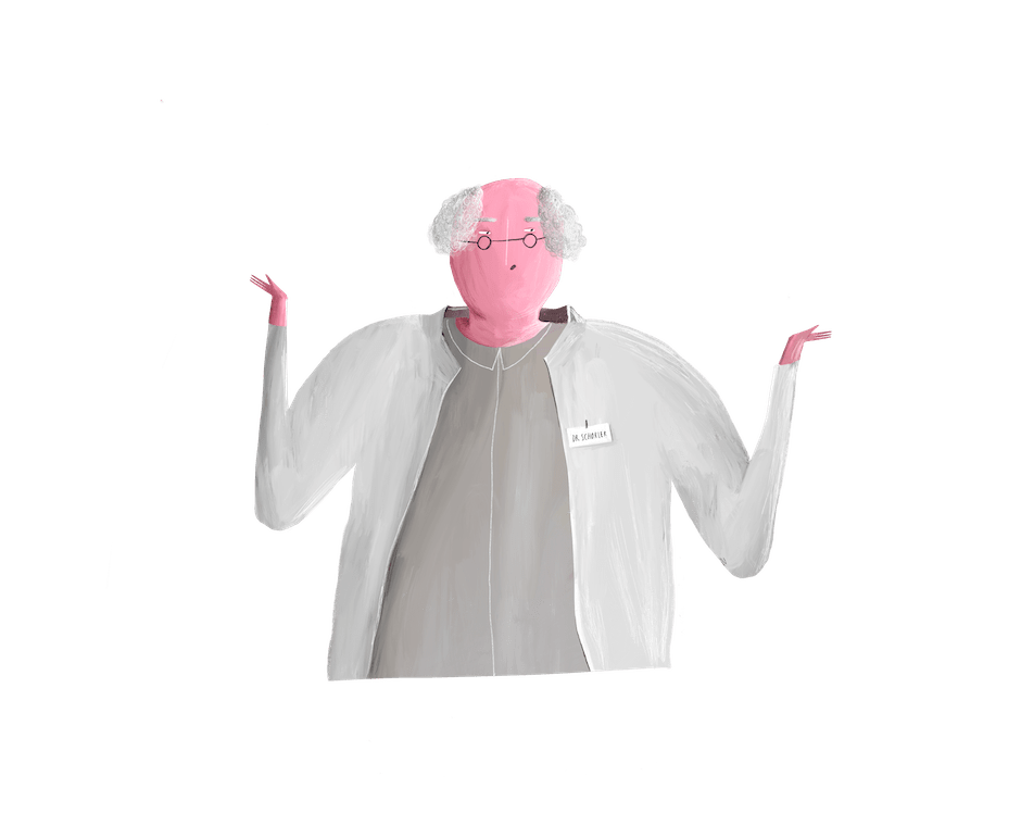 Painted scientist in a lab coat shrugging with both hands raised