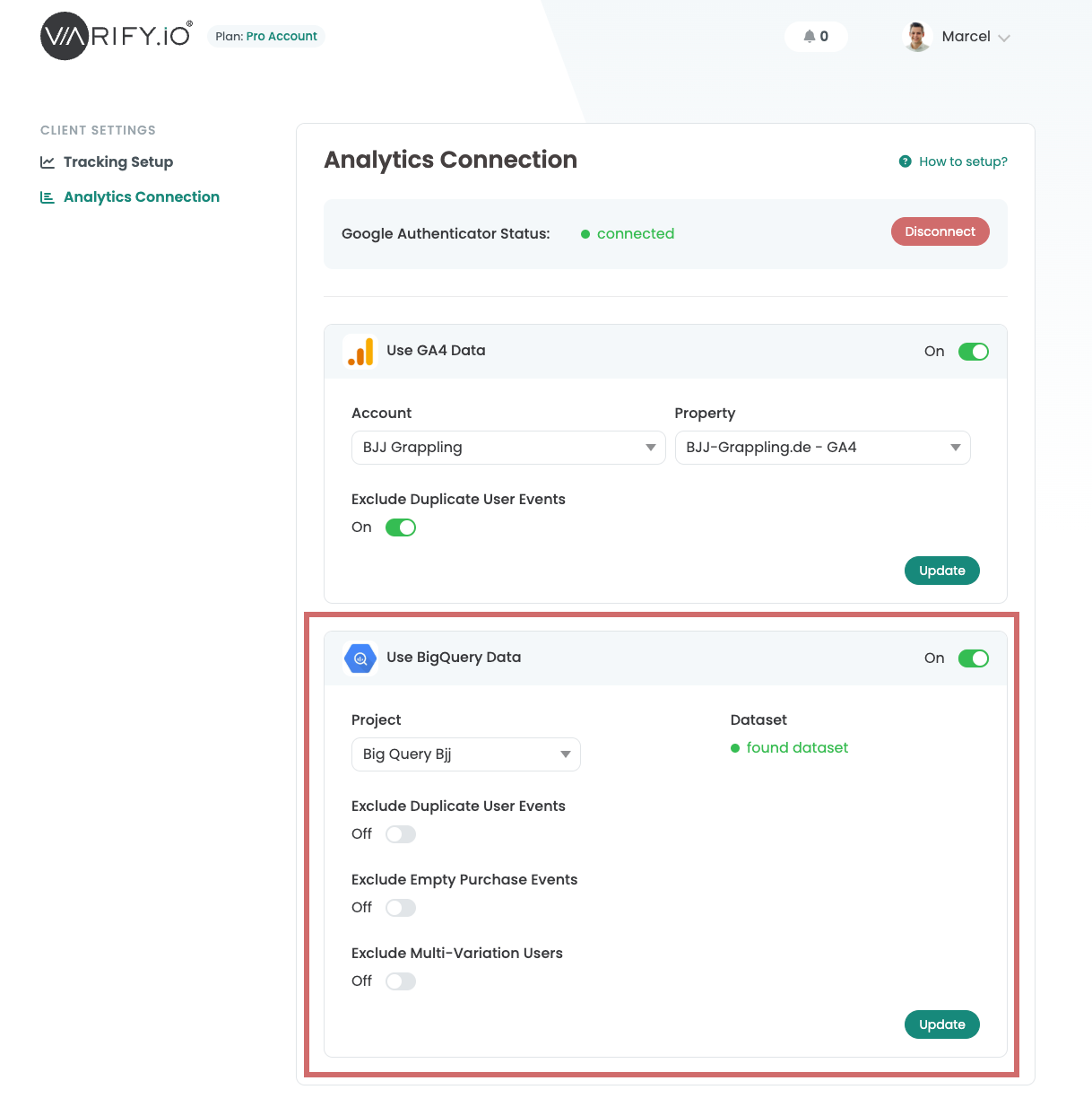 Varify Analytics Connection: GA4 data switched on and, highlighted, the BigQuery section with project, dataset and exclusion options