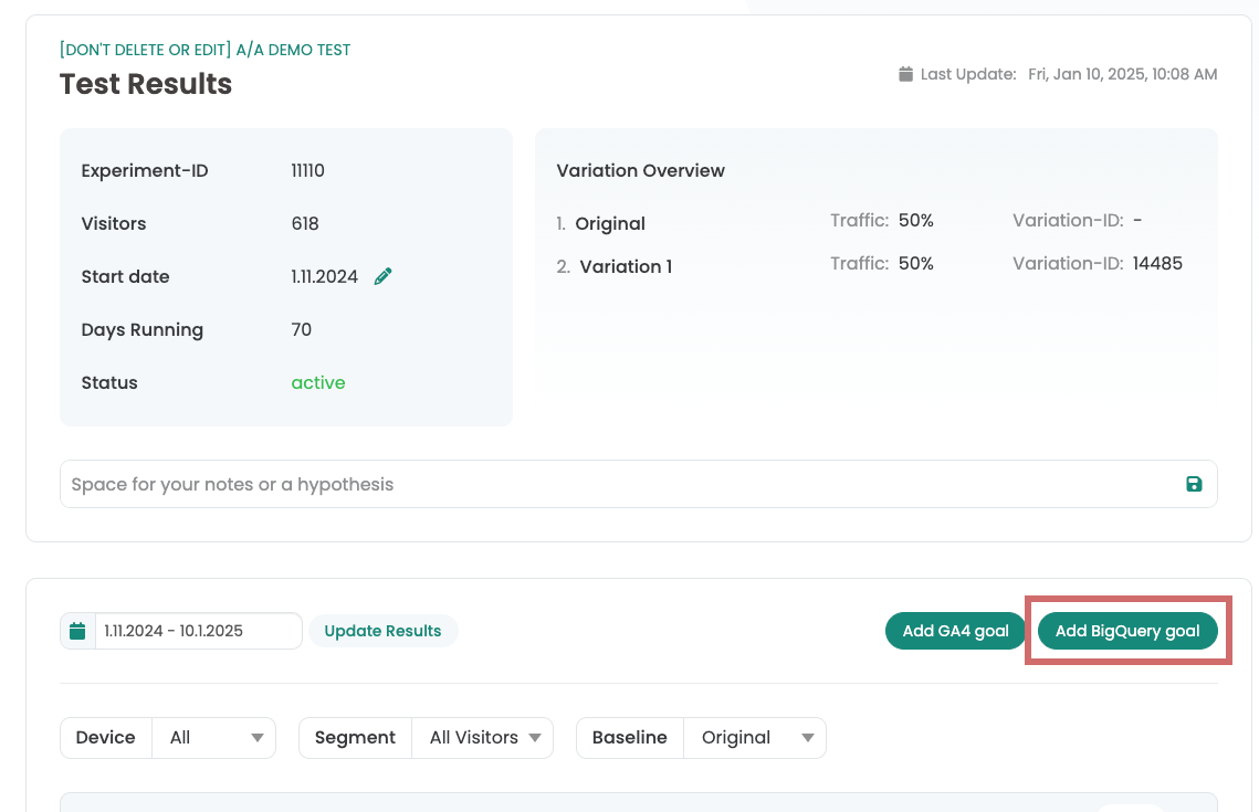 Varify test results for a demo experiment, with the Add BigQuery goal button highlighted