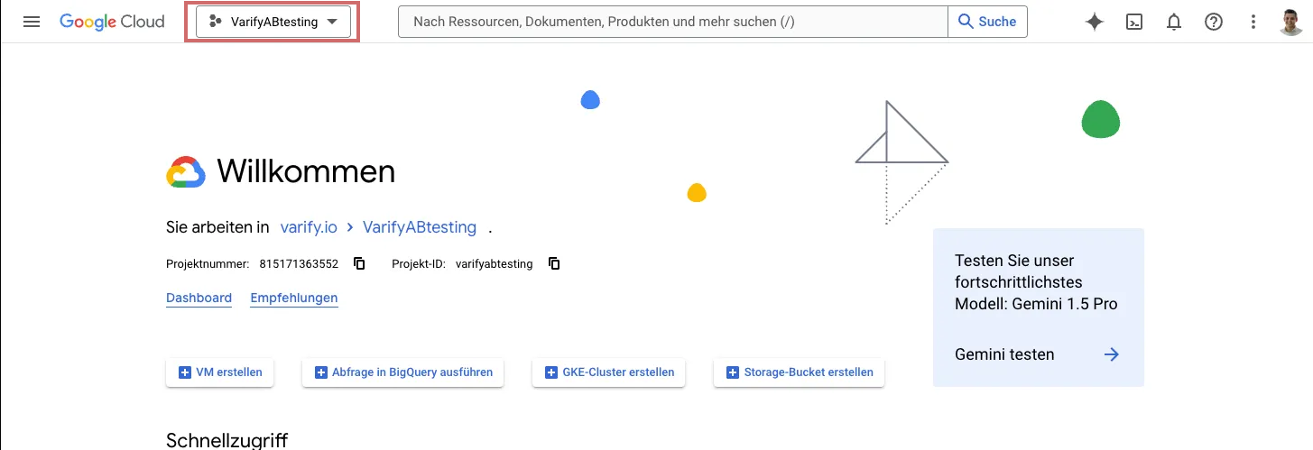 Google Cloud console with the VarifyABtesting project selected and the shortcuts for VM, BigQuery query and storage bucket