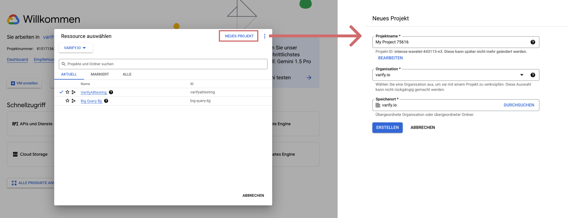 Google Cloud: the resource picker with the New project button highlighted, next to the form for the new project