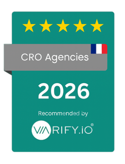 Varify.io badge "CRO Agencies 2026" with five stars and the French flag
