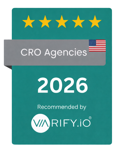 Varify.io badge "CRO Agencies 2026" with five stars and the flag of the USA