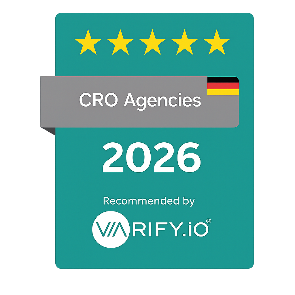 Varify.io badge "CRO Agencies 2026" with five stars and the German flag