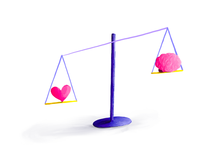 Painted balance scale tipping towards a pink heart, a brain on the higher pan