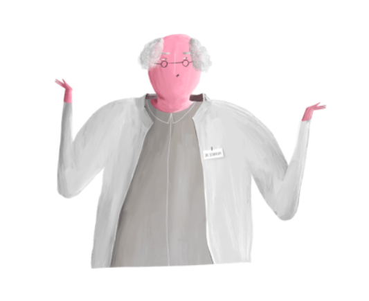 Painted scientist in a lab coat shrugging with both hands raised
