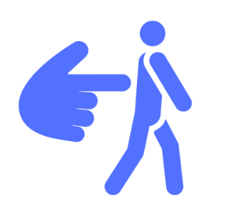 Blue pictogram of a large hand pointing at a walking figure