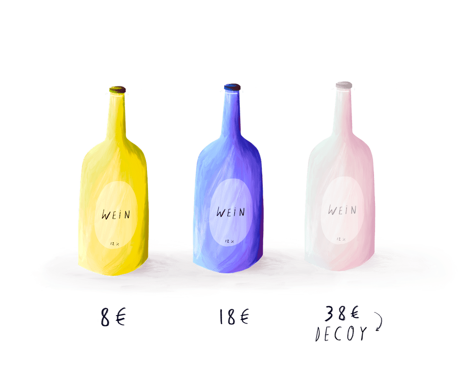 Three painted wine bottles priced 8 €, 18 € and 38 €, the most expensive one labelled “Decoy”