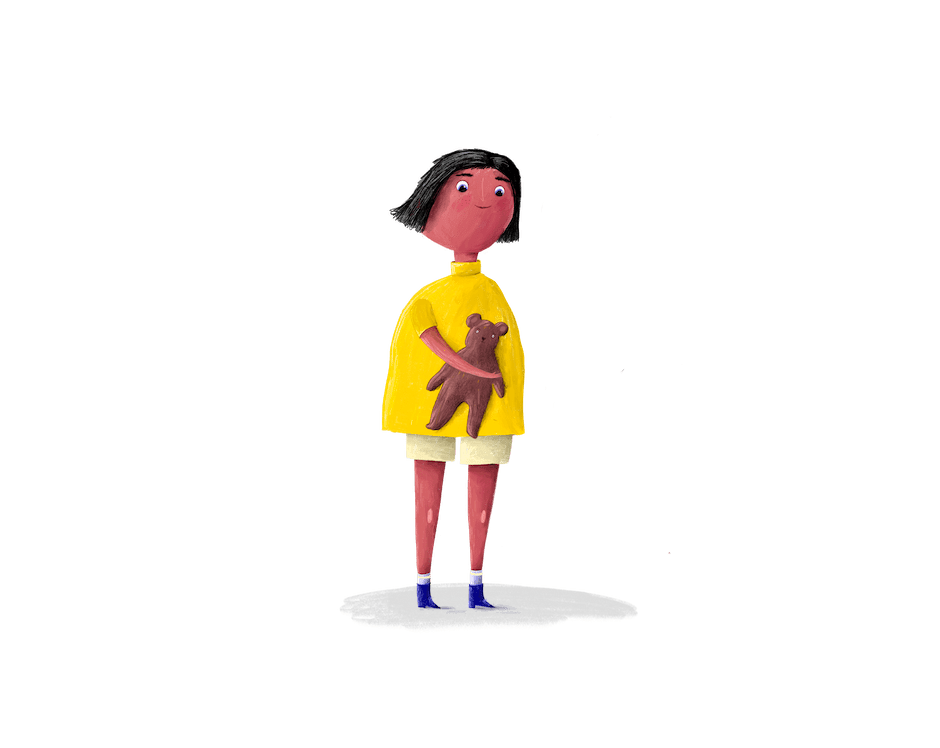 Painted child in a yellow shirt holding a teddy bear tight
