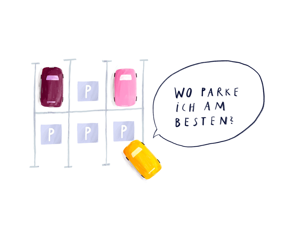 Illustrated car park with three cars and five free bays; a speech bubble asks “Wo parke ich am besten?”