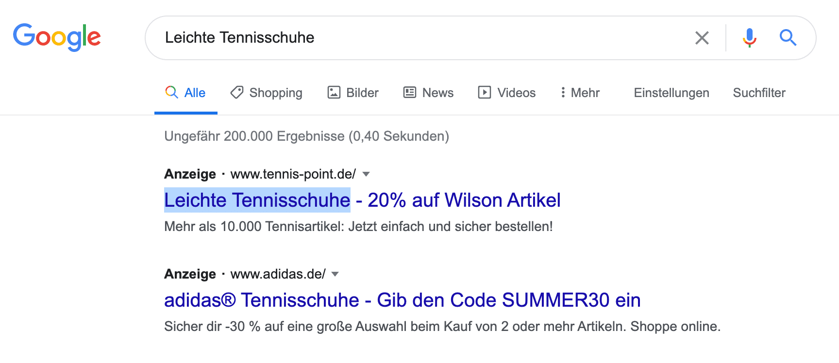 Google results for "Leichte Tennisschuhe" with two ads whose headlines repeat the search term