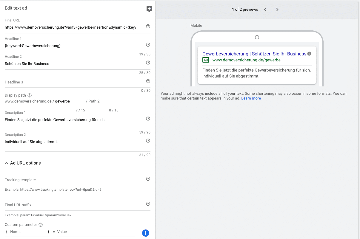 Google Ads editor: the final URL carries the dynamic parameter, next to the mobile ad preview