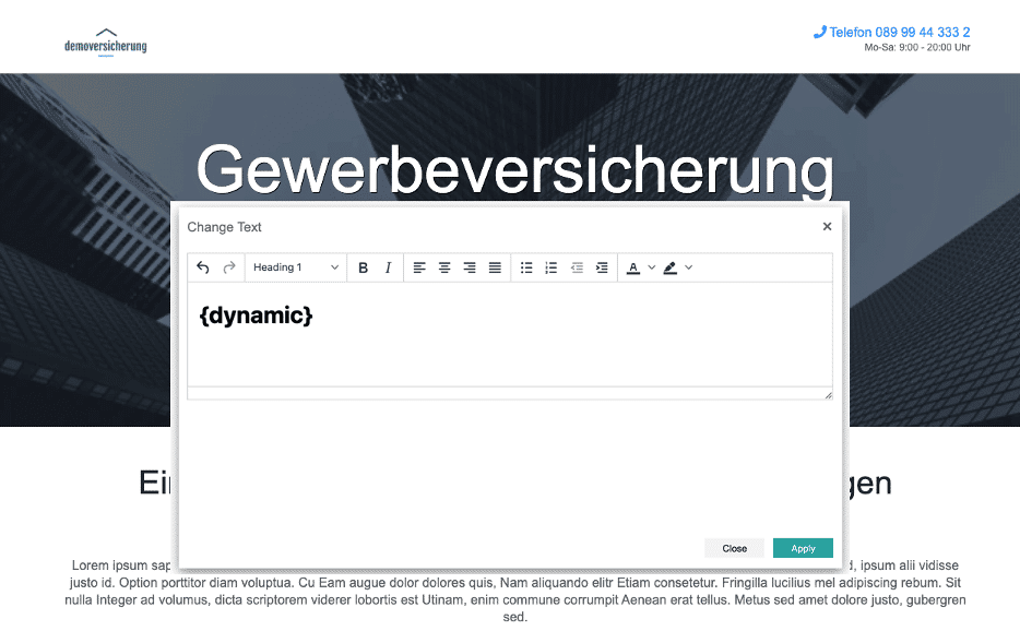 The same editor with the headline replaced by the placeholder {dynamic}