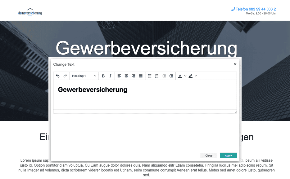 Varify editor on the landing page, the headline still reading "Gewerbeversicherung"