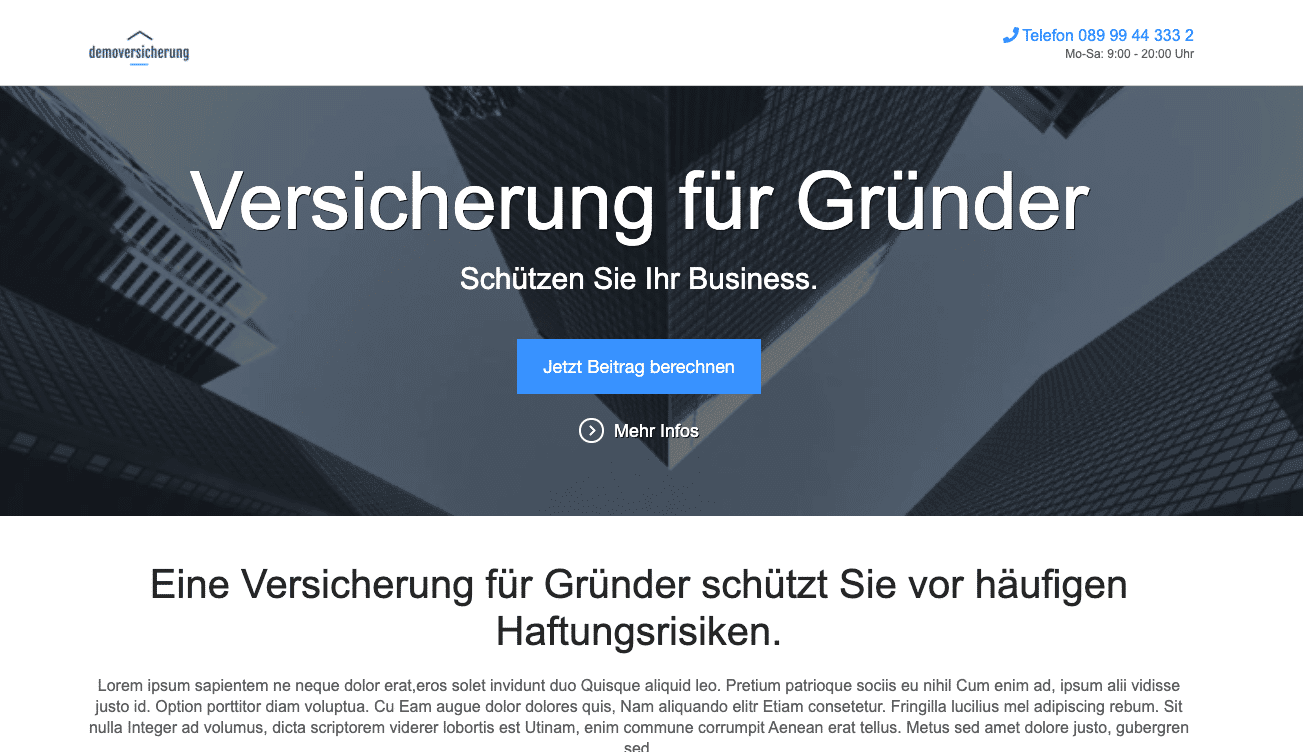 The same landing page with the headline adapted to the search term, "Versicherung für Gründer"