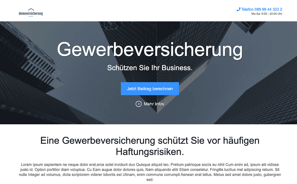 Landing page with the generic headline "Gewerbeversicherung"