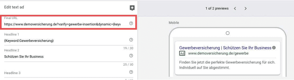 Google Ads: the final URL with the varify parameter and the dynamic keyword, highlighted