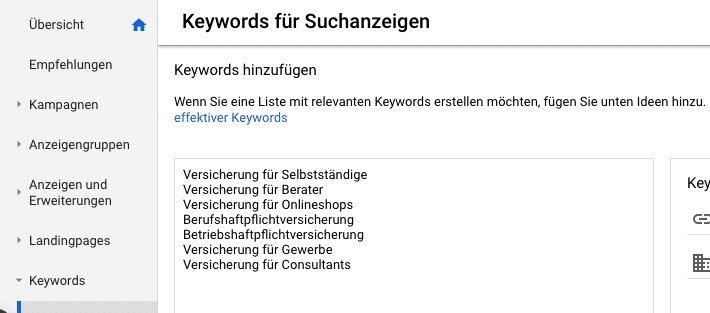 Google Ads keyword list for insurance search ads