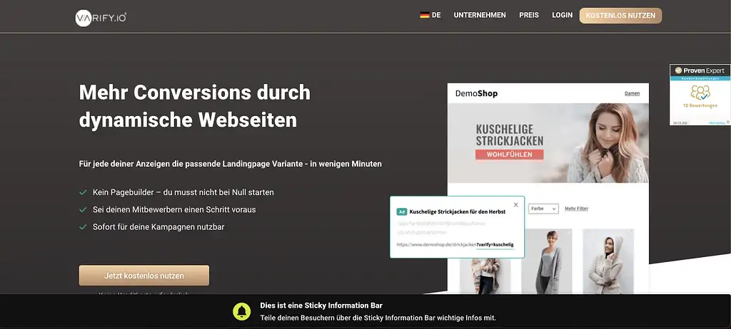 Sticky information bar at the bottom edge of the page: "Dies ist eine Sticky Information Bar"