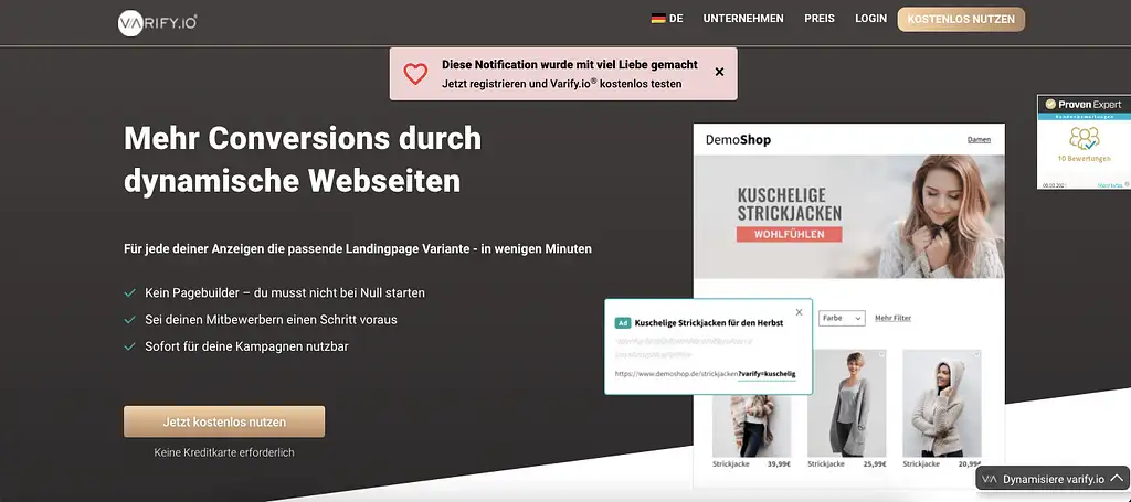 Notification layer at the top of the page inviting the reader to register and try Varify
