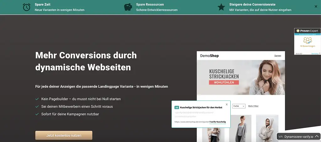 Varify USP bar above the page: save time, save resources, raise your conversion rate