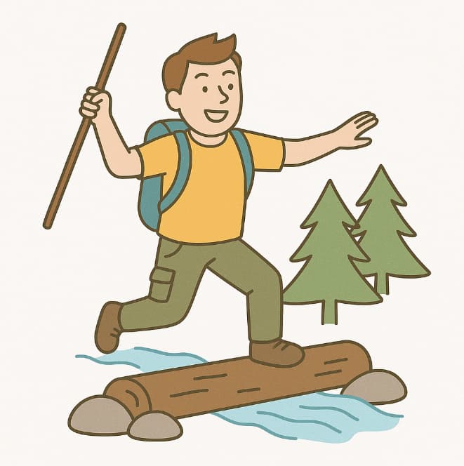 Line drawing of a hiker with backpack and walking stick crossing a stream on a log