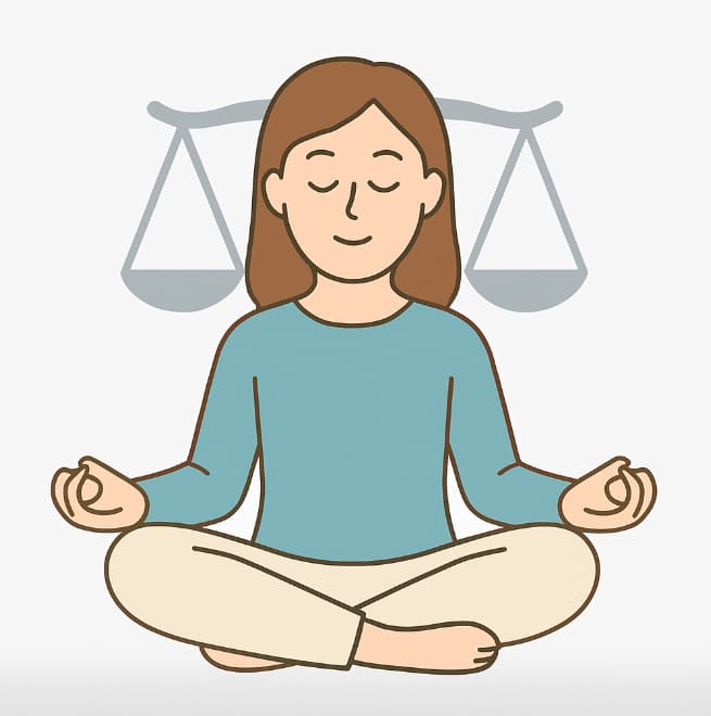 Line drawing of a woman meditating cross-legged in front of a pair of scales