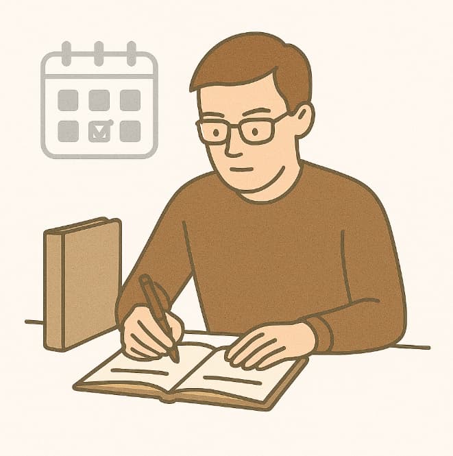 Line drawing of a man with glasses writing in a notebook, a calendar behind him