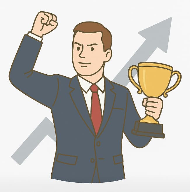 Line drawing of a man in a suit raising his fist and holding a trophy, rising arrows behind him