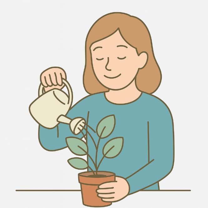 Line drawing of a woman watering a potted plant with a small watering can