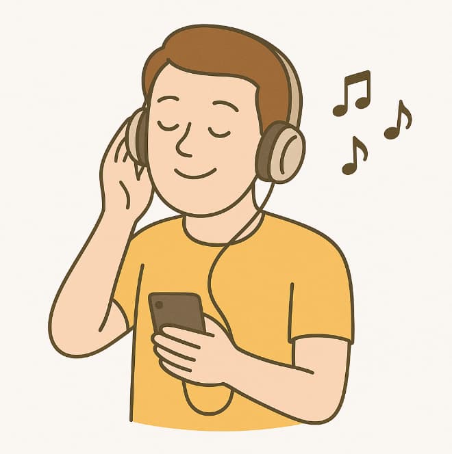 Line drawing of a man with headphones listening to music on his phone, eyes closed