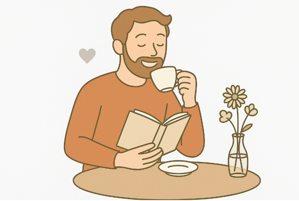 Line drawing of a bearded man reading a book and drinking from a cup at a table with flowers