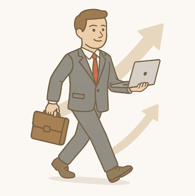 Line drawing of a man in a suit walking with a briefcase and an open laptop, rising arrows behind him