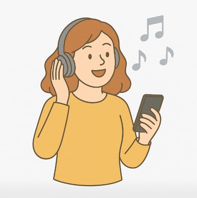 Line drawing of a woman wearing headphones smiling at her phone, music notes beside her