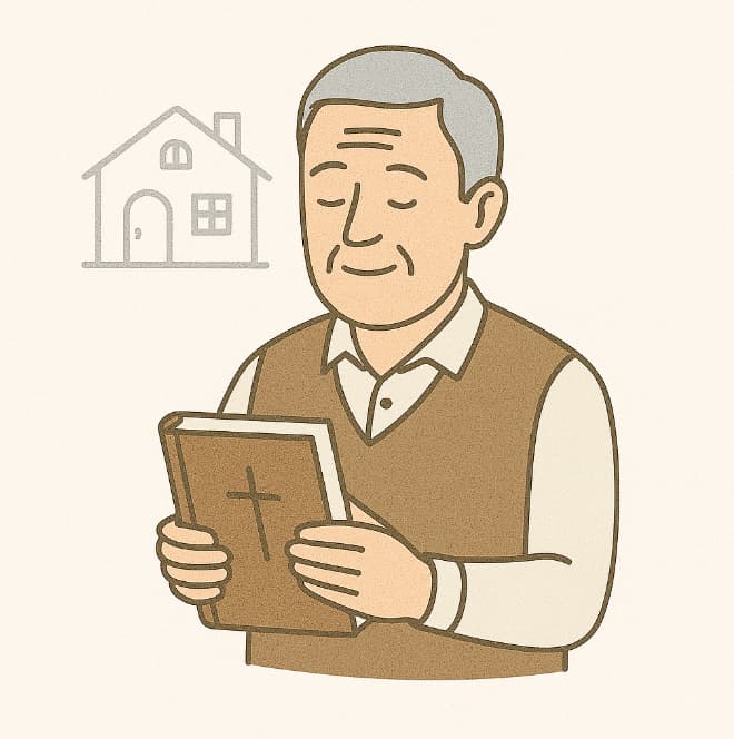 Line drawing of an older man holding a book with a cross on the cover, the outline of a house behind him