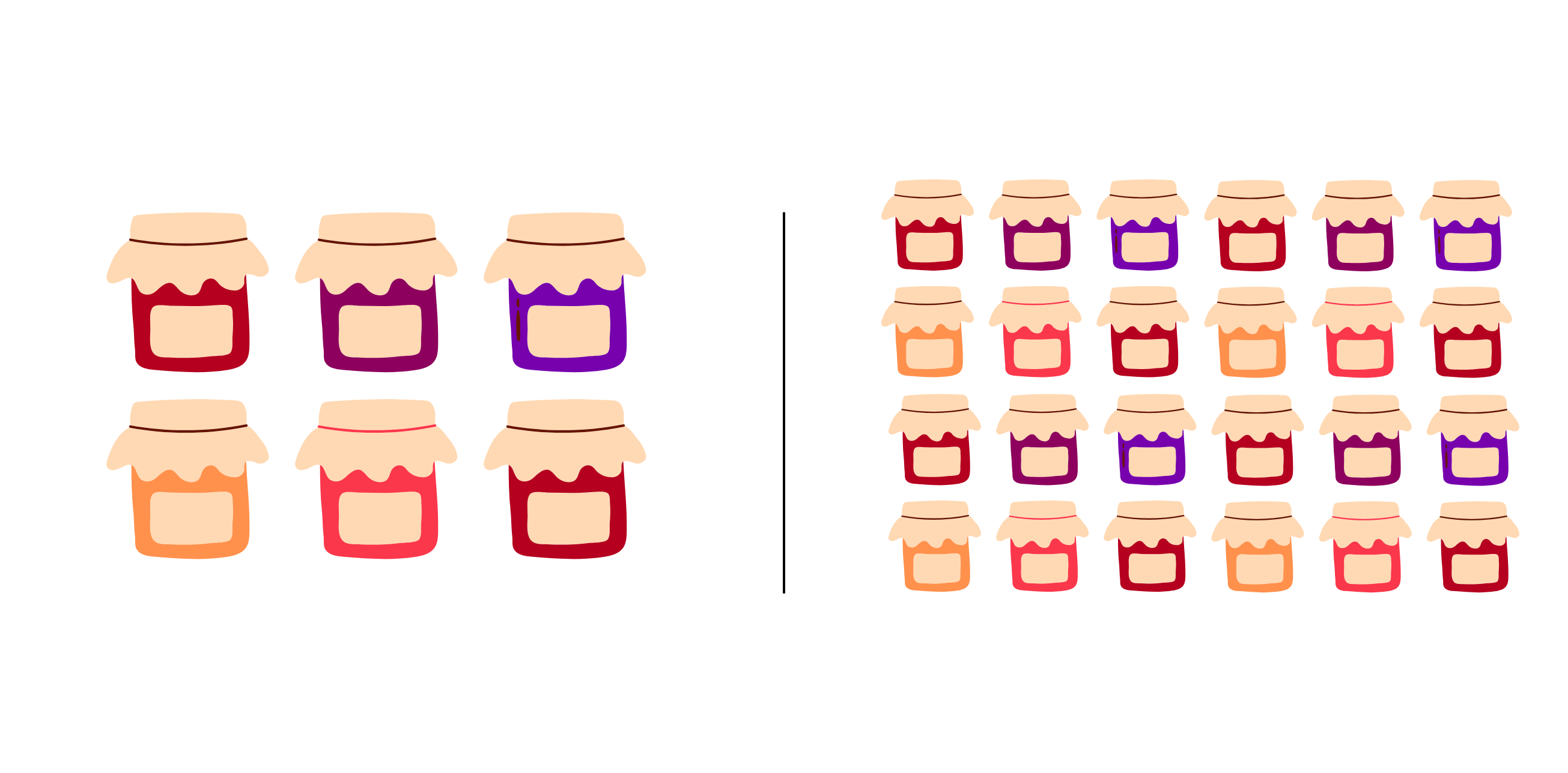 Six jam jars on the left, twenty-four on the right, separated by a vertical line
