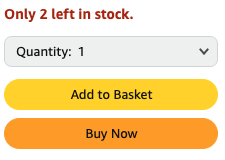 Shop screenshot with the red note “Only 2 left in stock”, a quantity selector and the buttons “Add to Basket” and “Buy Now”