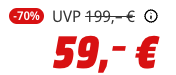 Price tag showing “-70 %”, the crossed-out list price “UVP 199,- €” and “59,- €” in red