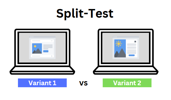 Titled “Split-Test”: two laptops showing different page layouts, labelled “Variant 1” and “Variant 2”