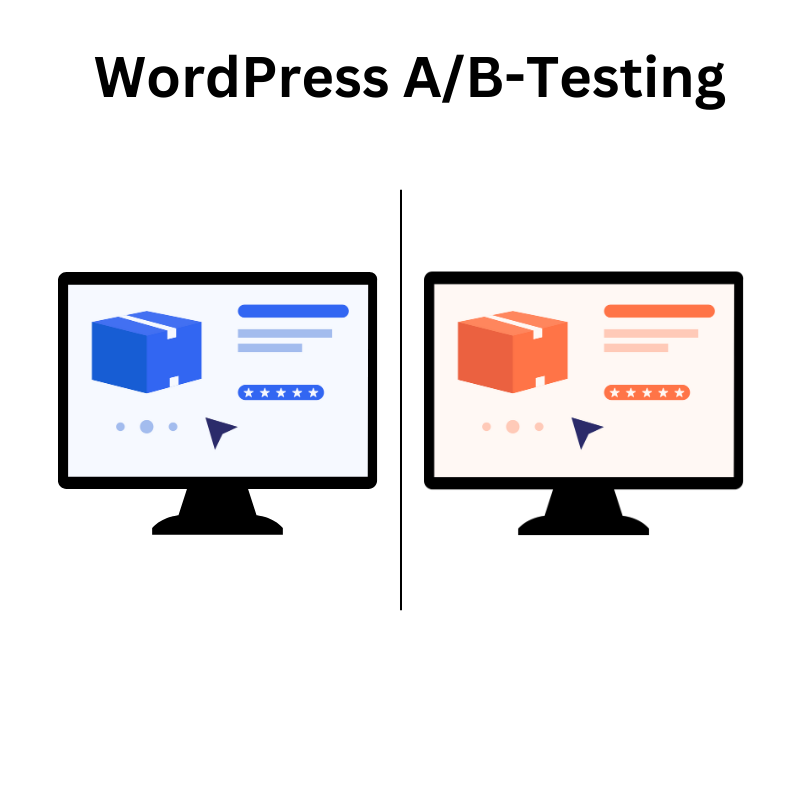 Title graphic "WordPress A/B-Testing": two monitors showing the same product page in blue and in orange
