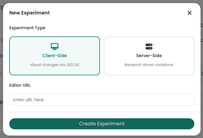 Interface Varify.io montrant la sélection entre les options de tests A/B côté client et côté serveur