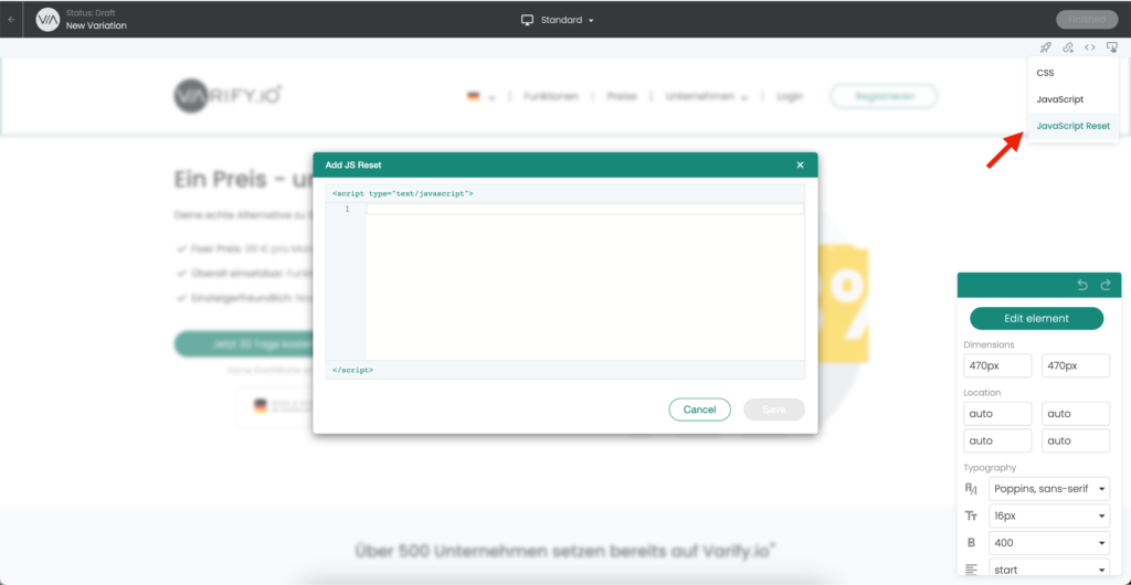 Add JavaScript Reset - Varify.io - A/B Testing Platform