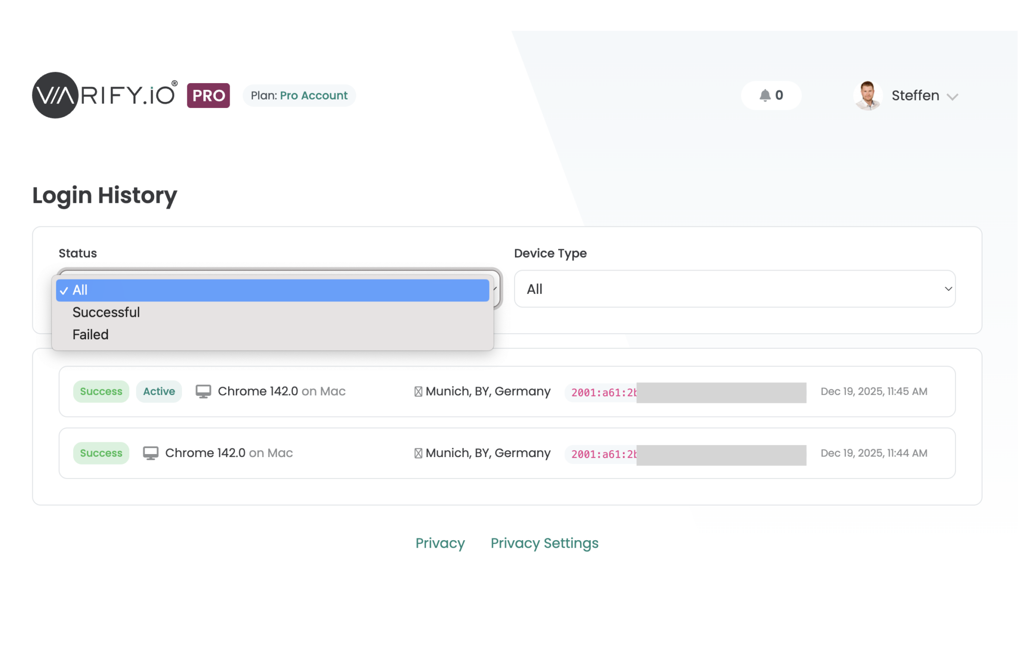 Login History - Varify.io - A/B Testing Platform